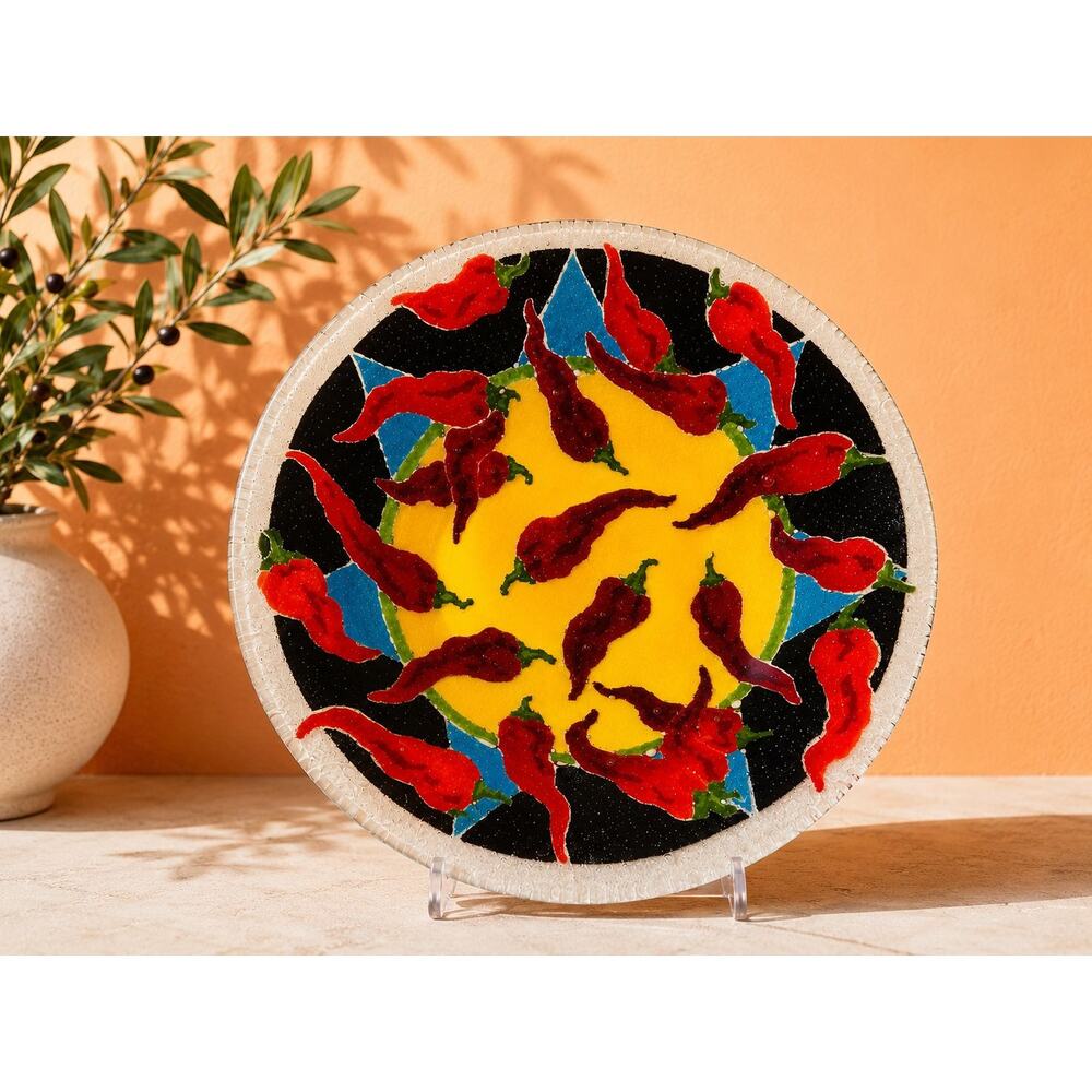 Handcrafted Fused Glass Chili Pepper Bowl Southwest Art Decorative Serving 10”